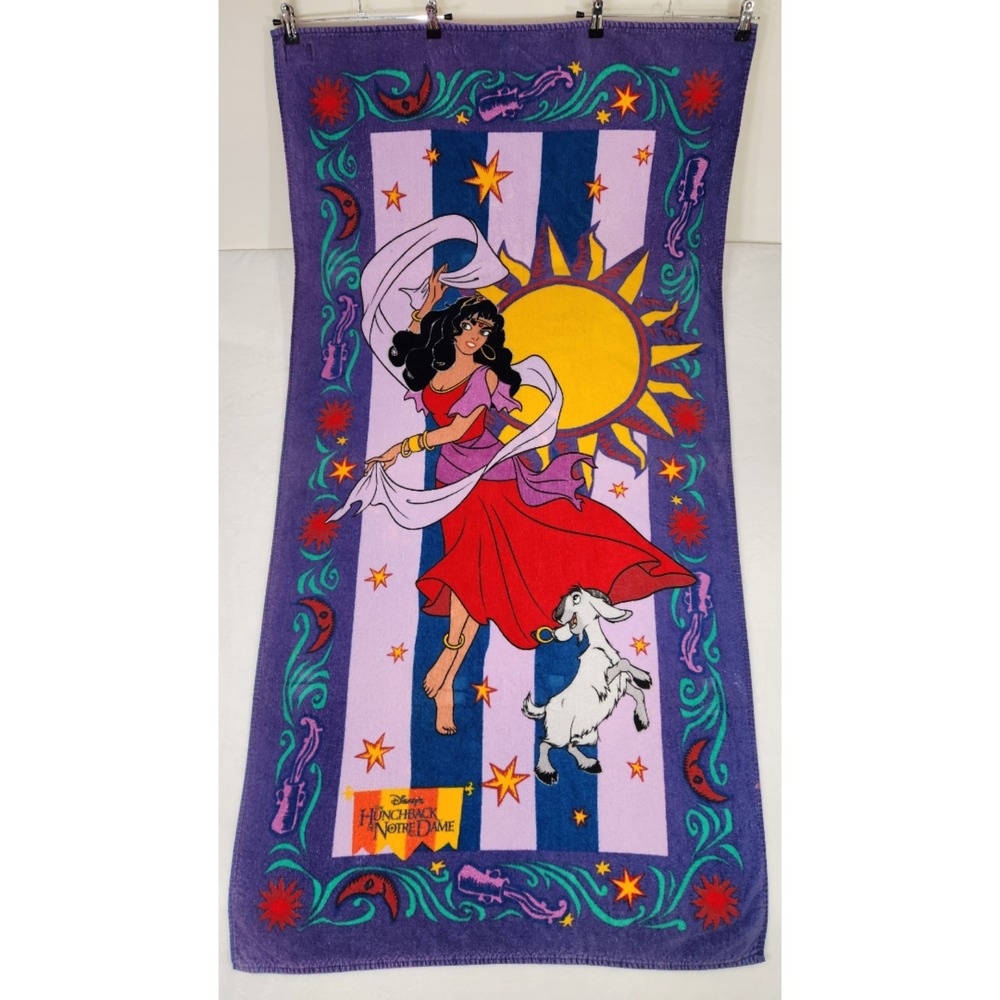 Vintage Disney Hunchback of Notre Dame Esmeralda Beach Towel Cotton Purple 90s